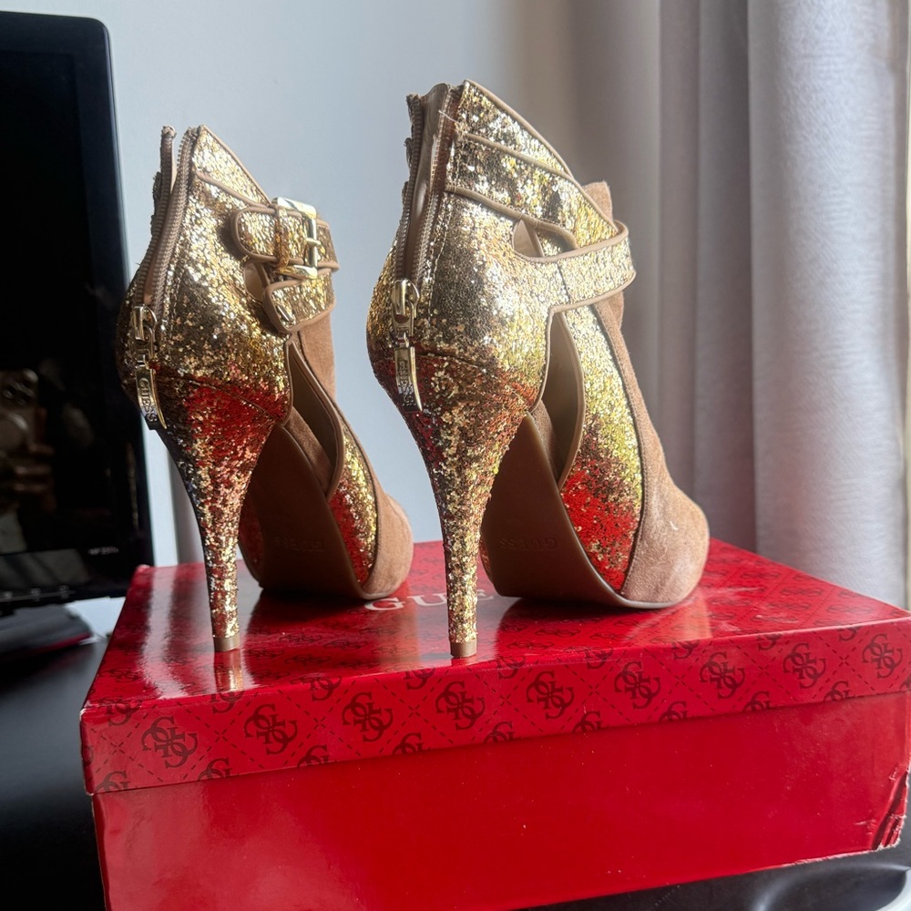 Guess Gold and Tan Glitter Heels